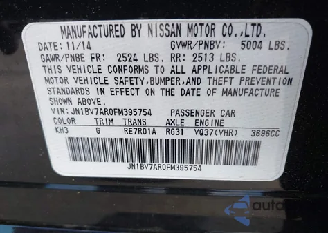 2015 Infiniti Q50 Premium from USA, damaged, VIN JN1BV7AR0FM395754